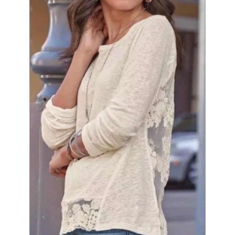 Sundance Ivory Linen Lace Back Top Boho Romantic Sheer Long Sleeve Blouse Large